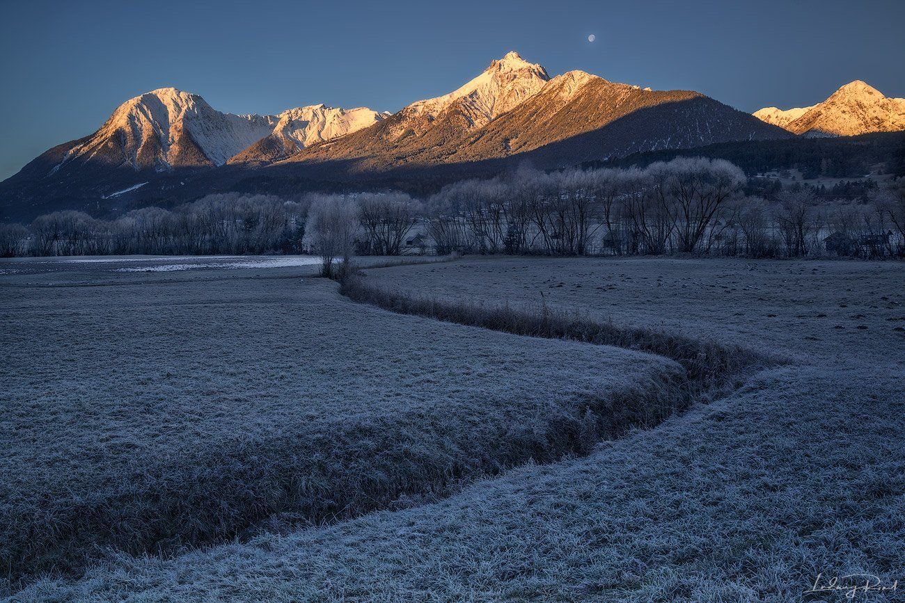 acres, agriculture, alps, austria, austrian alps, ditch, forest, frost, frosty, grass, gully, gurgltal, hey barns, hill, hills, huts, imst, landscape, log cabin, meadows, moon, morning, morning glow, moulton barn, mountain range, mountain top, mountains, , Ludwig Riml
