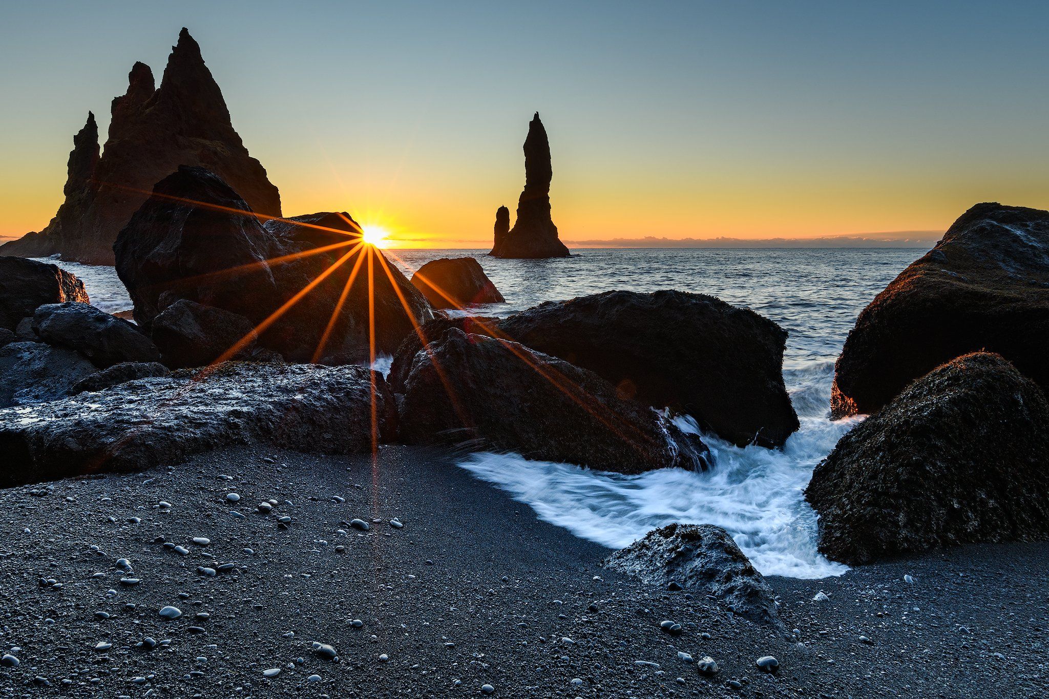 Black Sand Beach, Iceland, Sunrise, Sunset, Waves, Rocks, Sands, Sunstar, Nikon, Iceland, Island, Winter, Vik, Ocean, Clouds, Sky, Skies, Remo Daut