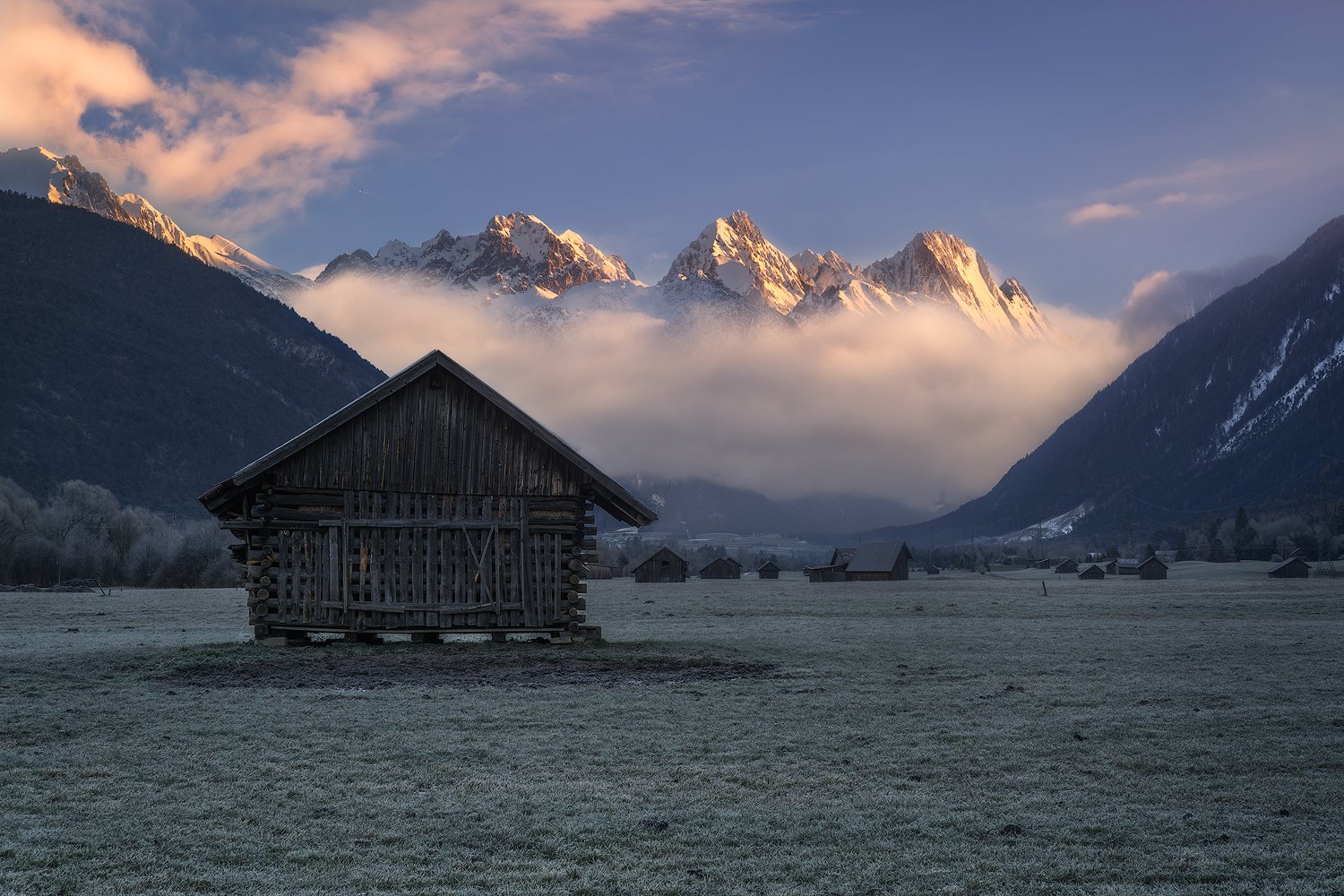 acres, agicutural building, agriculture, alps, austria, austrian alps, barns, clouds, farmhouse, fog, foggy, forest, frost, frosty, gurgltal, hey barns, hill, hills, houses, hovel, huts, imst, landscape, log cabin, meadows, morning, morning glow, moulton , Ludwig Riml