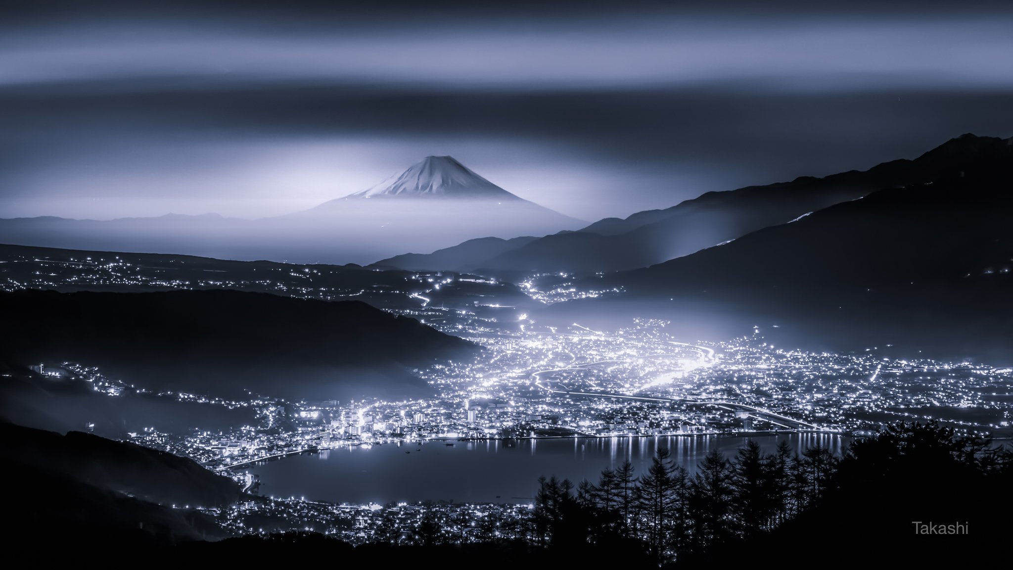 Fuji,Japan,mountain,lake,night,light,cloud,water,amazing,fantastic,wonderful,beautiful,, Takashi