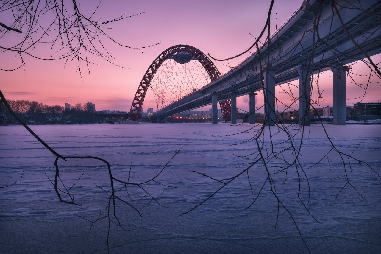 москва, живописный мост, зима, закат, москва река, мороз, Жмак Евгений