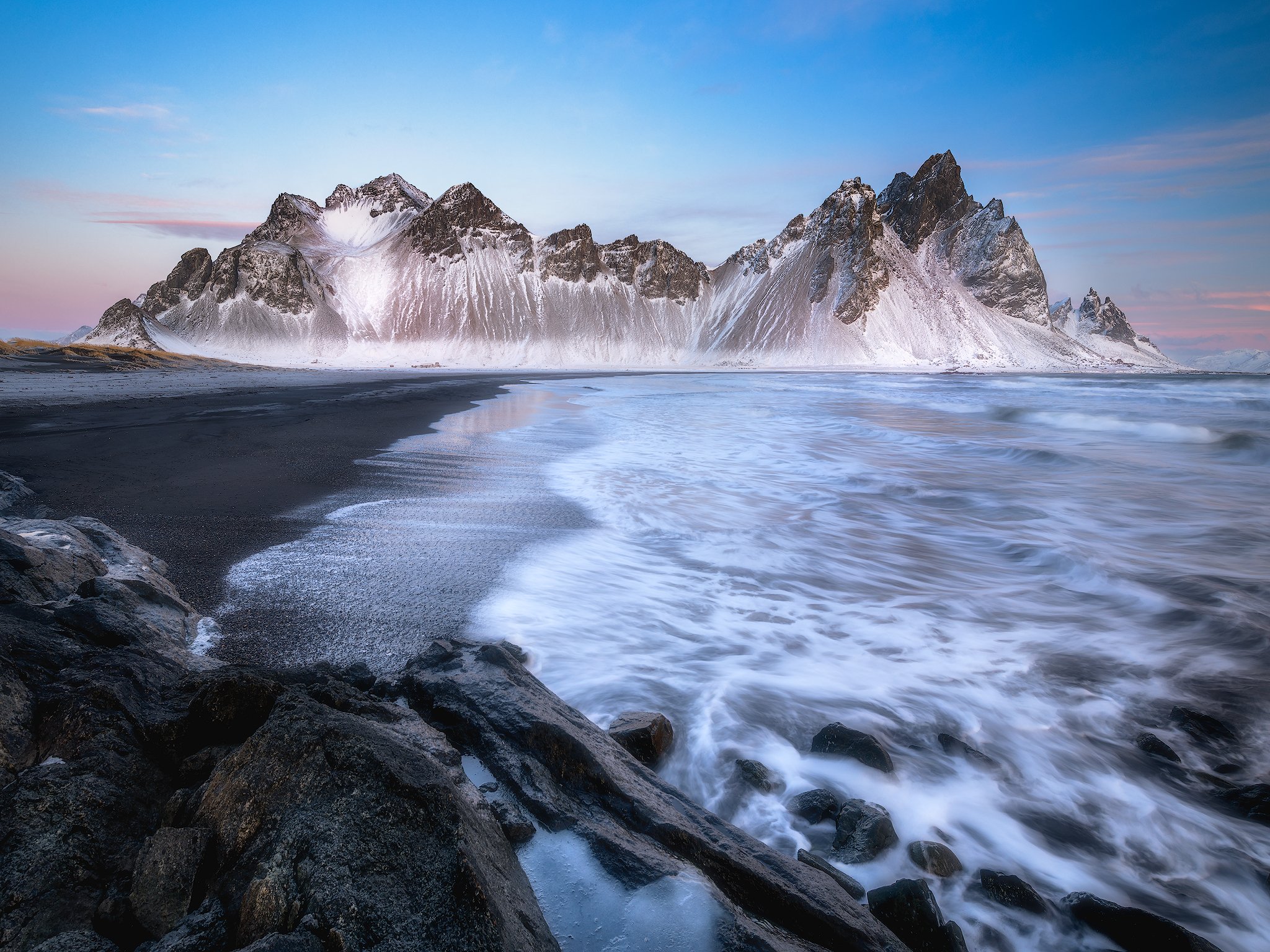 Cold, Sunrise, Sunset, Vestrahorn, Iceland, Beach, Snow, Winter, Epic, Dreamy, Dramatic, Skies, Sky, Waves, Clouds, Ocean, Remo Daut