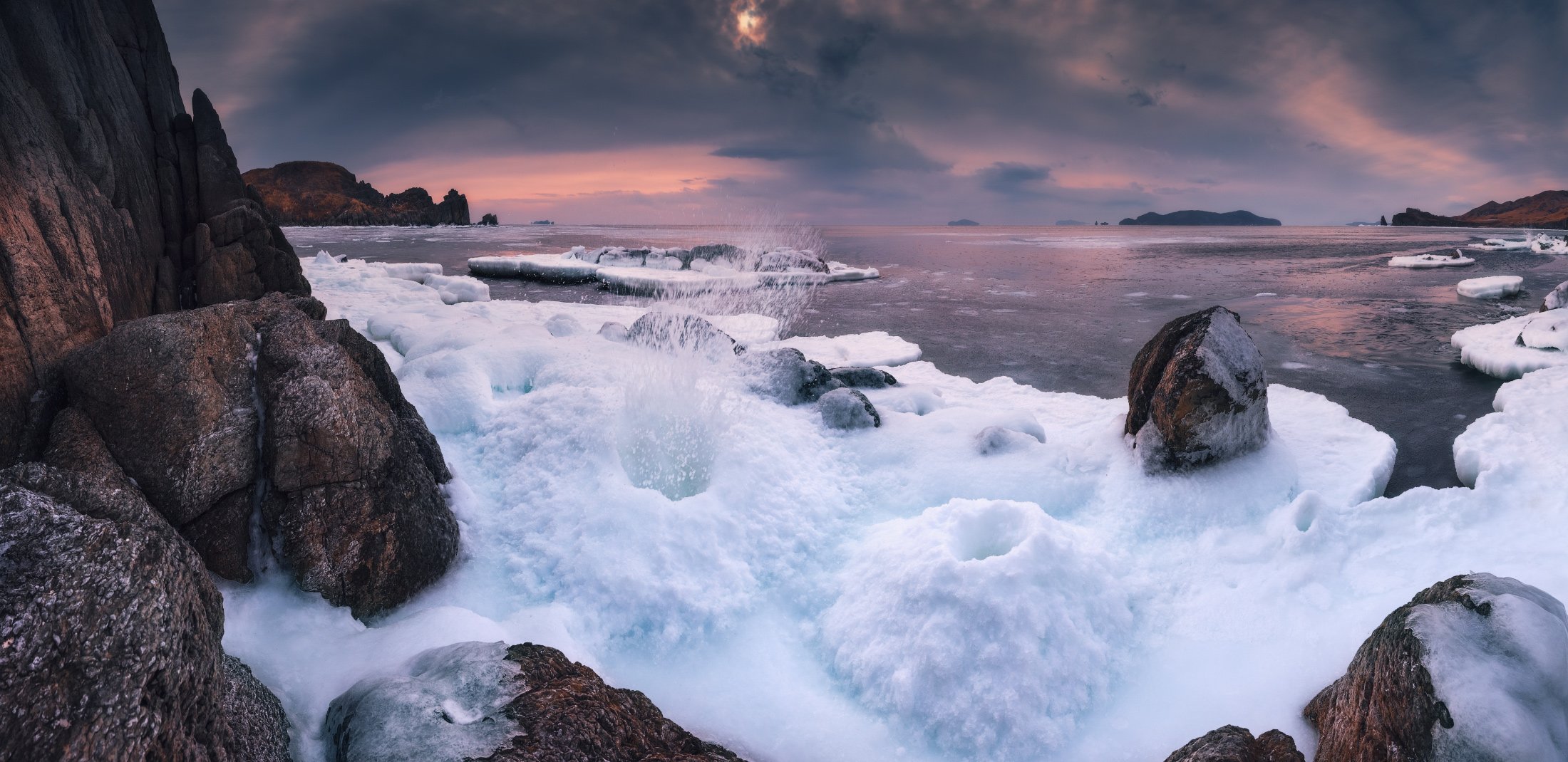 панорама, море, лёд, фонтан, утро, зима, Андрей Кровлин