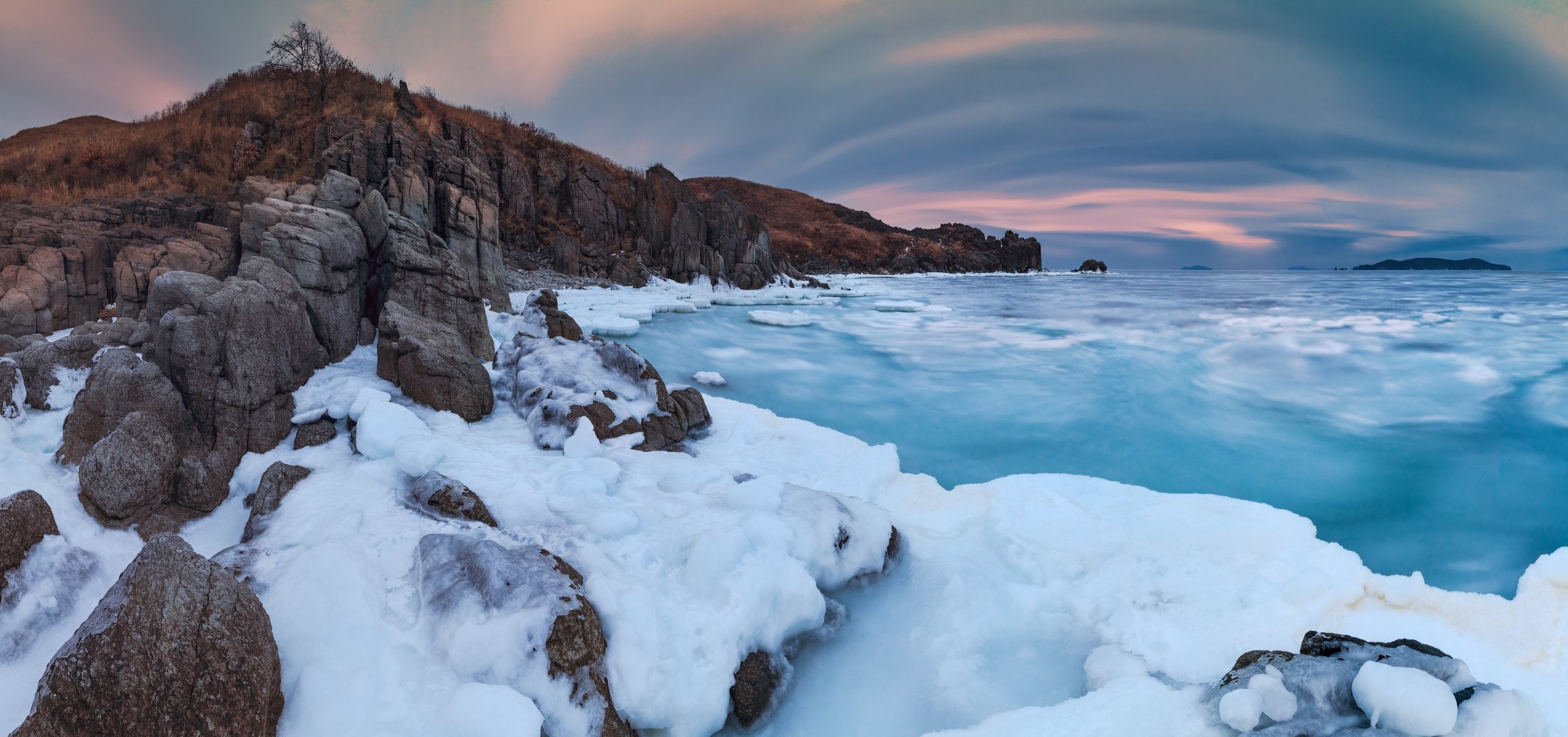 панорама, море, скалы, зима, лёд, январь, Андрей Кровлин