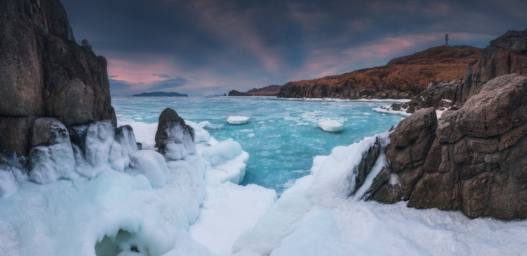 панорама, зима, море, скалы, лёд, Андрей Кровлин