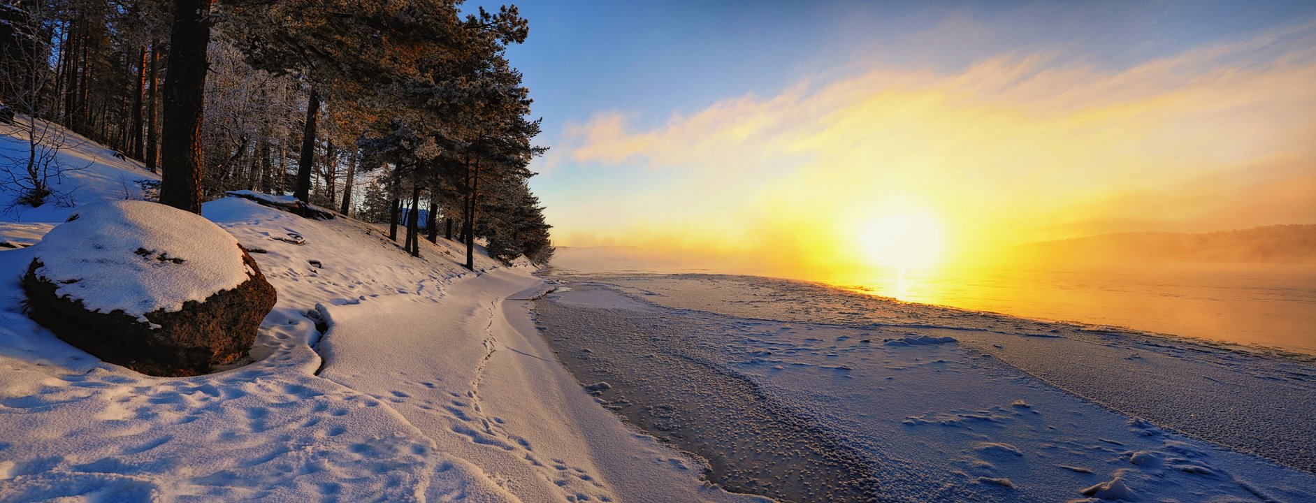 утро,рассвет,зима,январь,мороз,река,вуокса,лед,берег,пейзаж,панорама, Евгений Плетнев