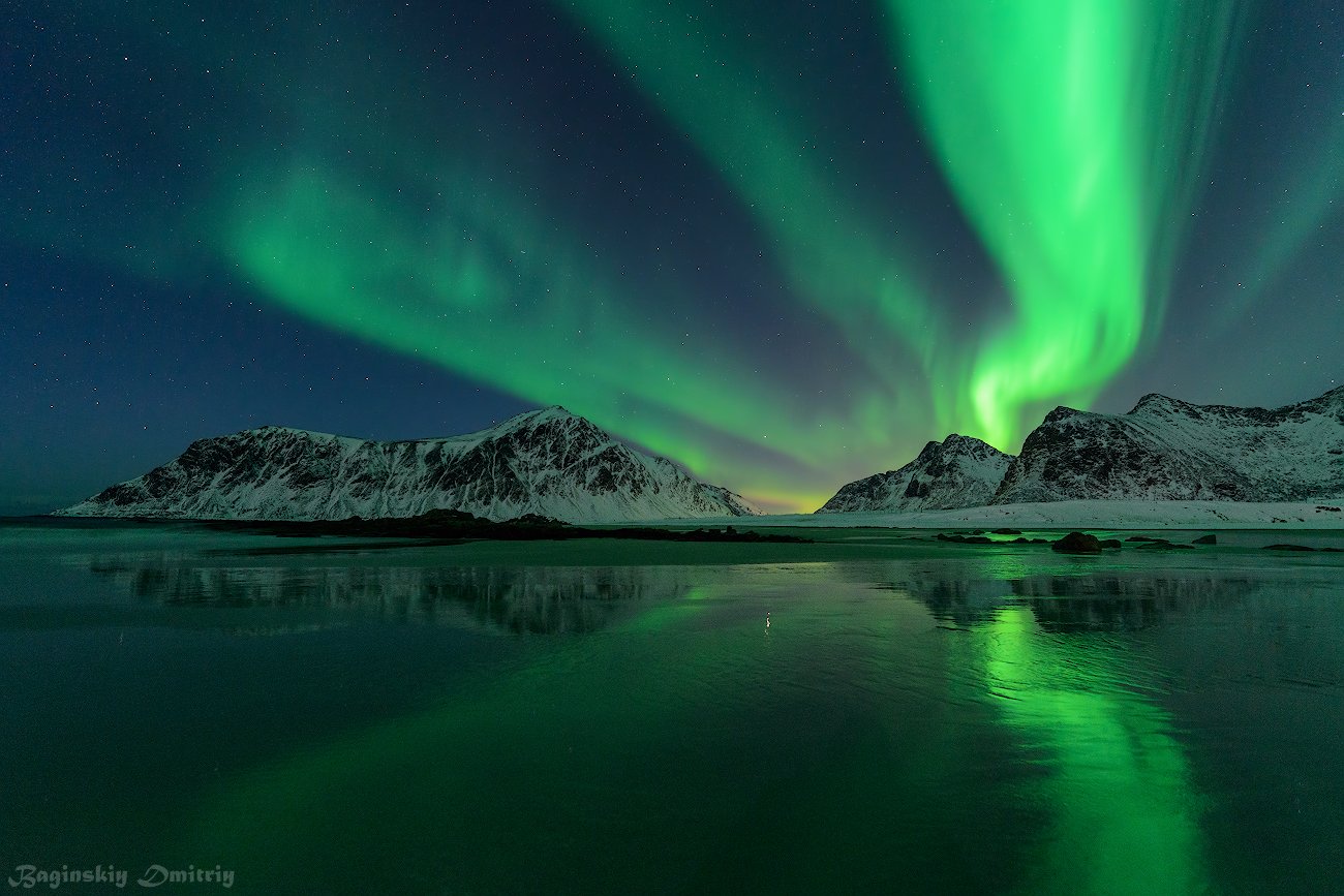 полярное синяние, норвегия, пляж, астрофото, Dmitriy  Baginskiy