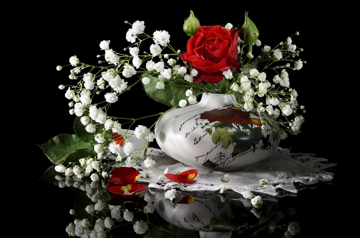 цветы, роза, гипсофила, ваза, салфетка, Шруб (Беляева) Татьяна
