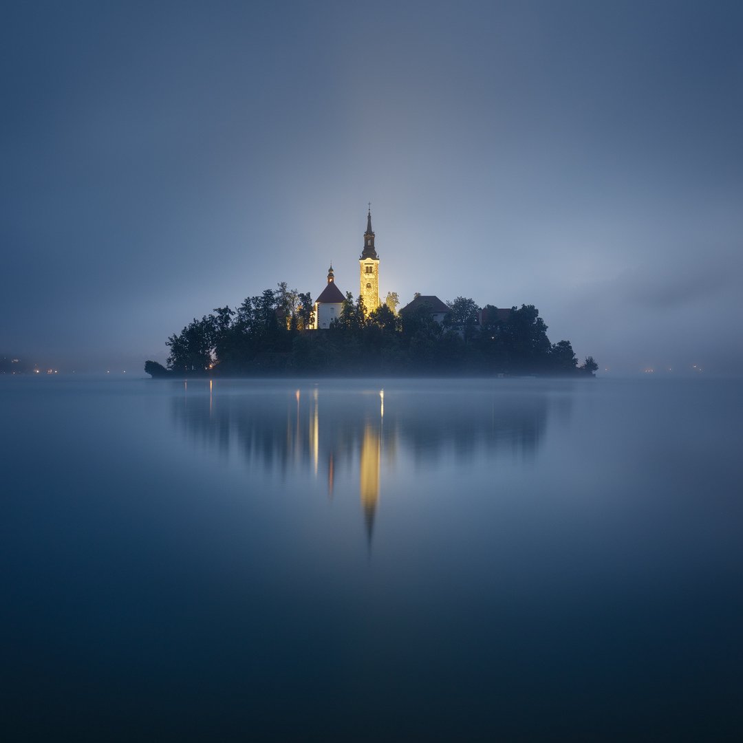 island, bled, lake, slovenia, square, reflection, mirroring, fog, mist, morning, europe, church, tower, mood, Martin Rak