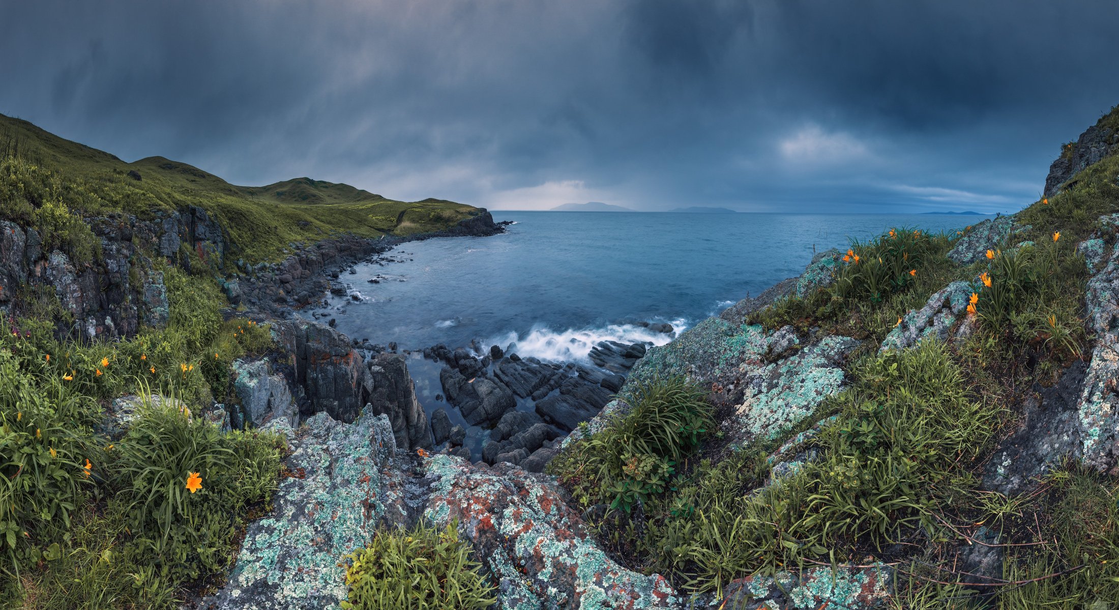 панорама, море, скалы, цветы, Андрей Кровлин