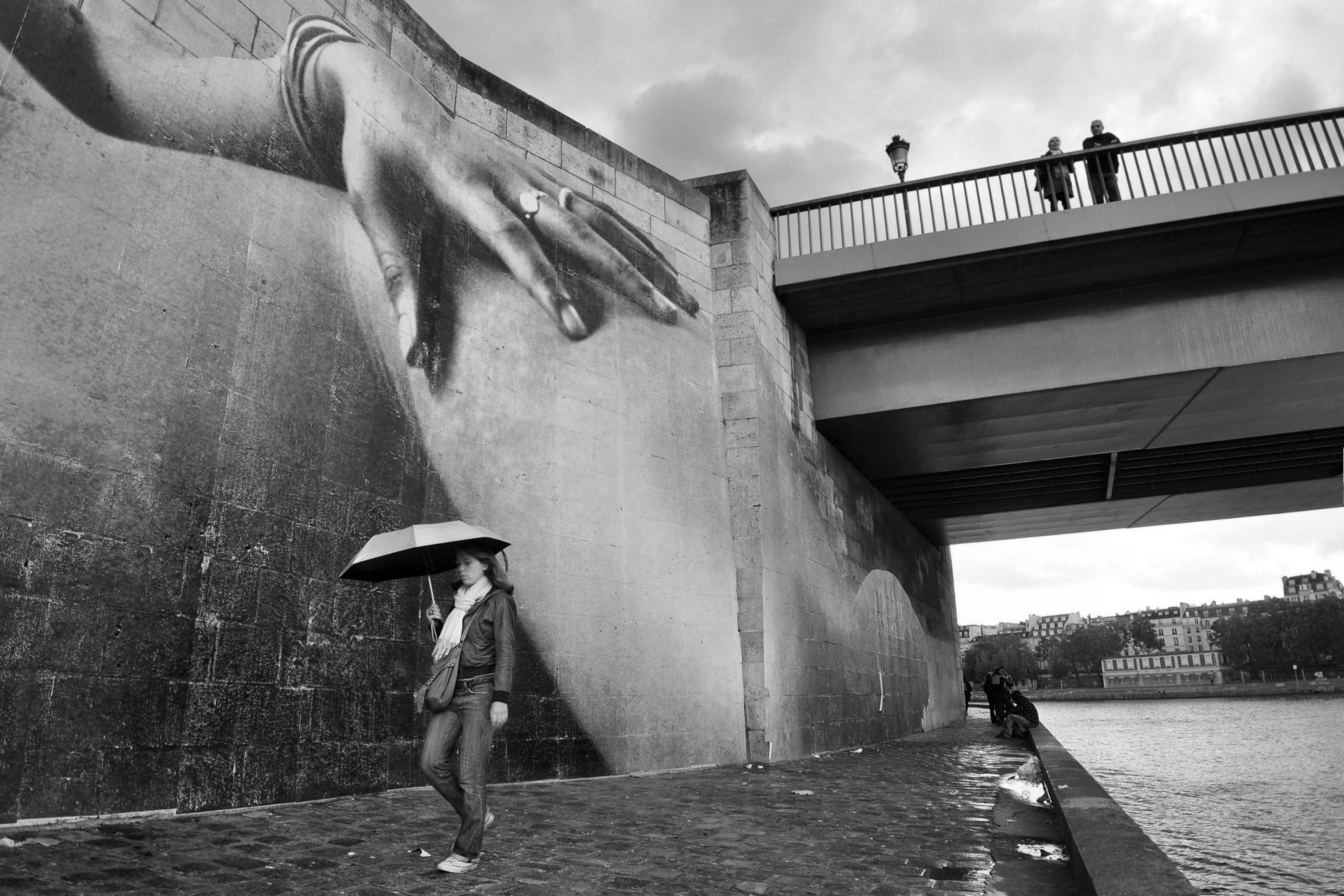 paris, street, city, seine, water, stone, hand, view, surreal, street art, bridge, Endegor