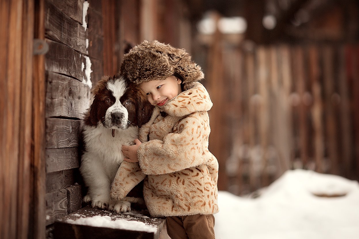 дети щенок друг мальчик детство зима, Юлия Твердова