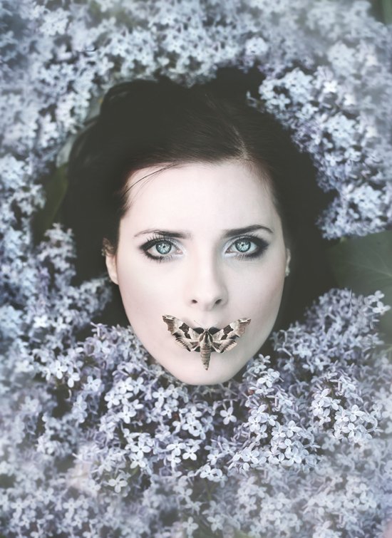 lilac, spring, portrait, conceptual, fairytales, moth, Izabela Nowakowska