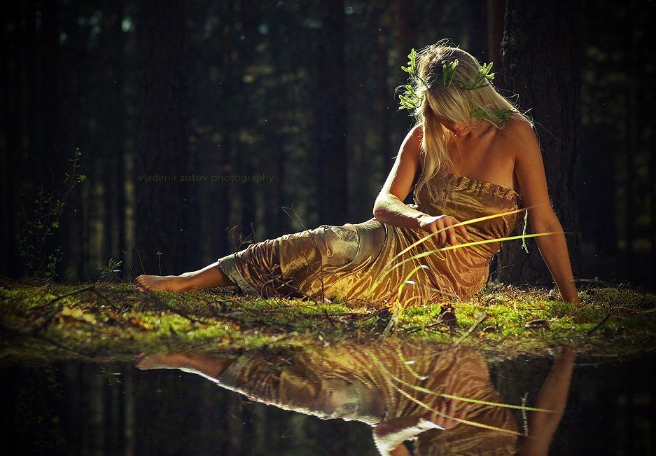 девушка, нимфа, лес, озеро, зеркало, готово, Владимир Зотов
