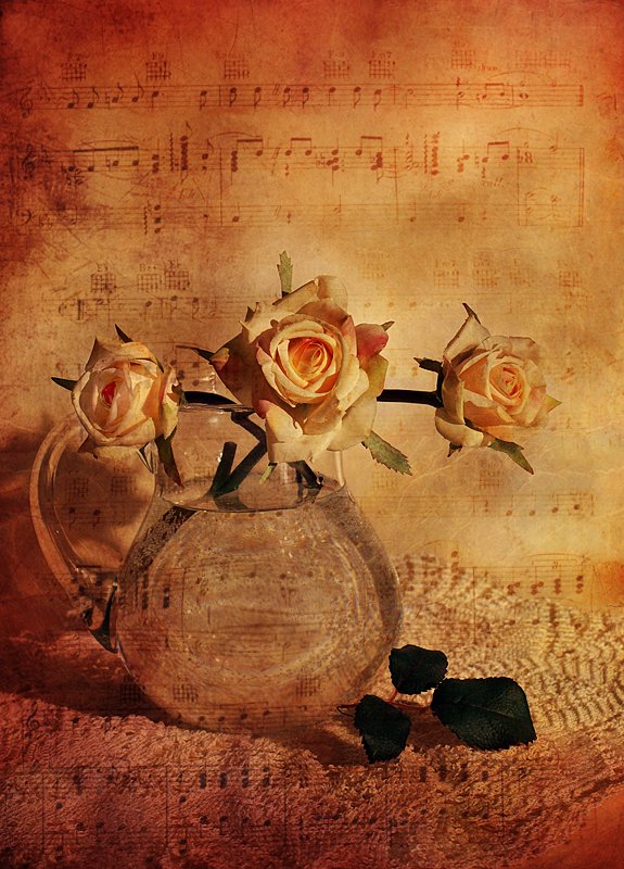натюрморт, стекло, кувшин, цветы, розы, текстура, ноты, музыка, признание, Ирина Фурашова