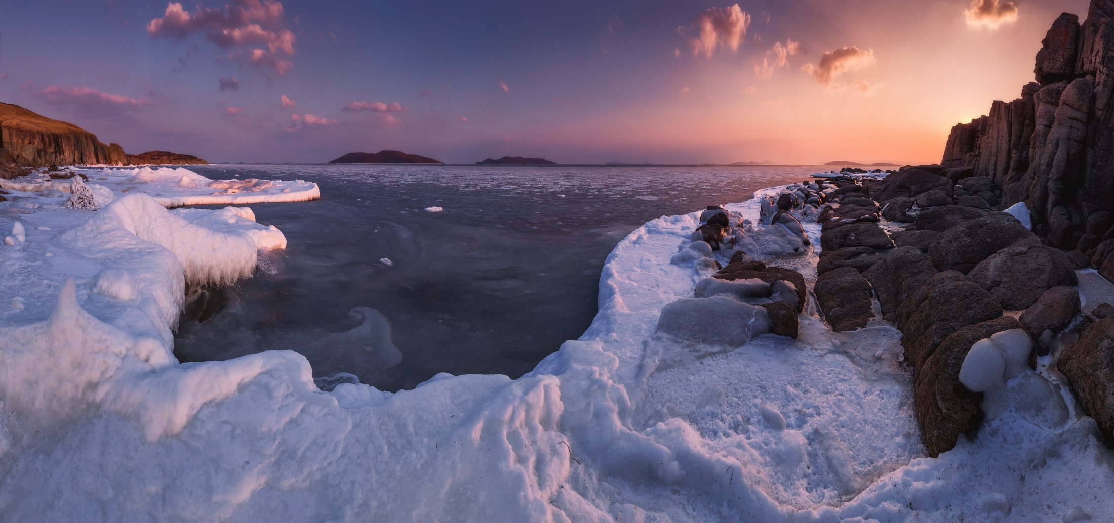 панорама, море, зима, лёд, скалы, Андрей Кровлин