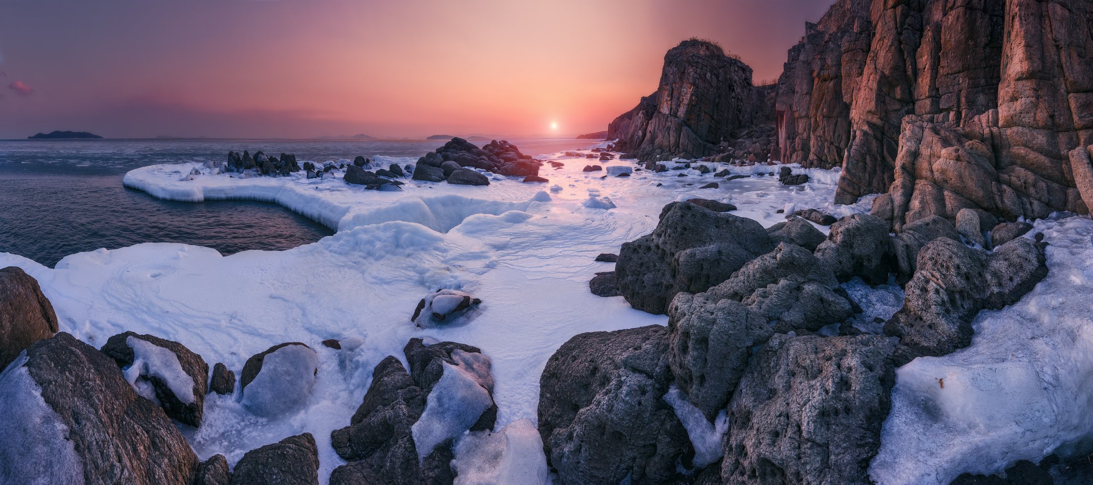панорама, зима, море, скалы, камни, закат, солнце, Андрей Кровлин
