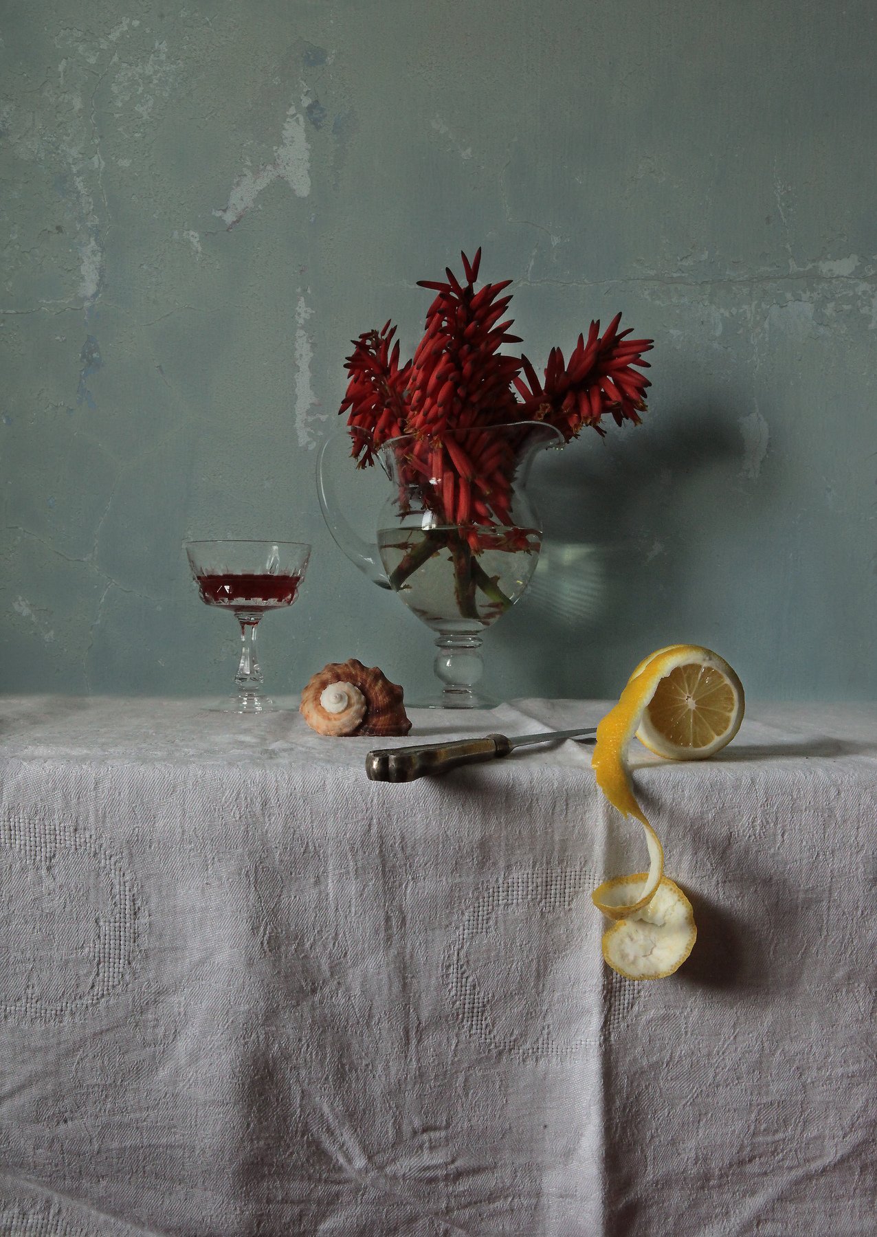 lemon, flowers, glass, knife, shell, wine, texture, Andrei Blank