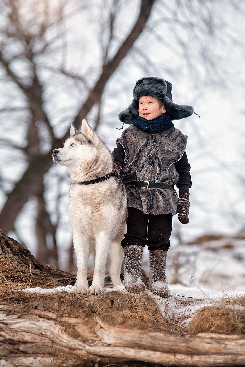 дети хаски семья собака мальчик ушанка зима лес, Наталья Сулейманова