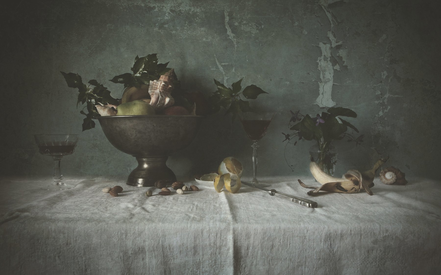 wine, lemon, glass, vase, shell, texture, table, still life, Andrei Blank