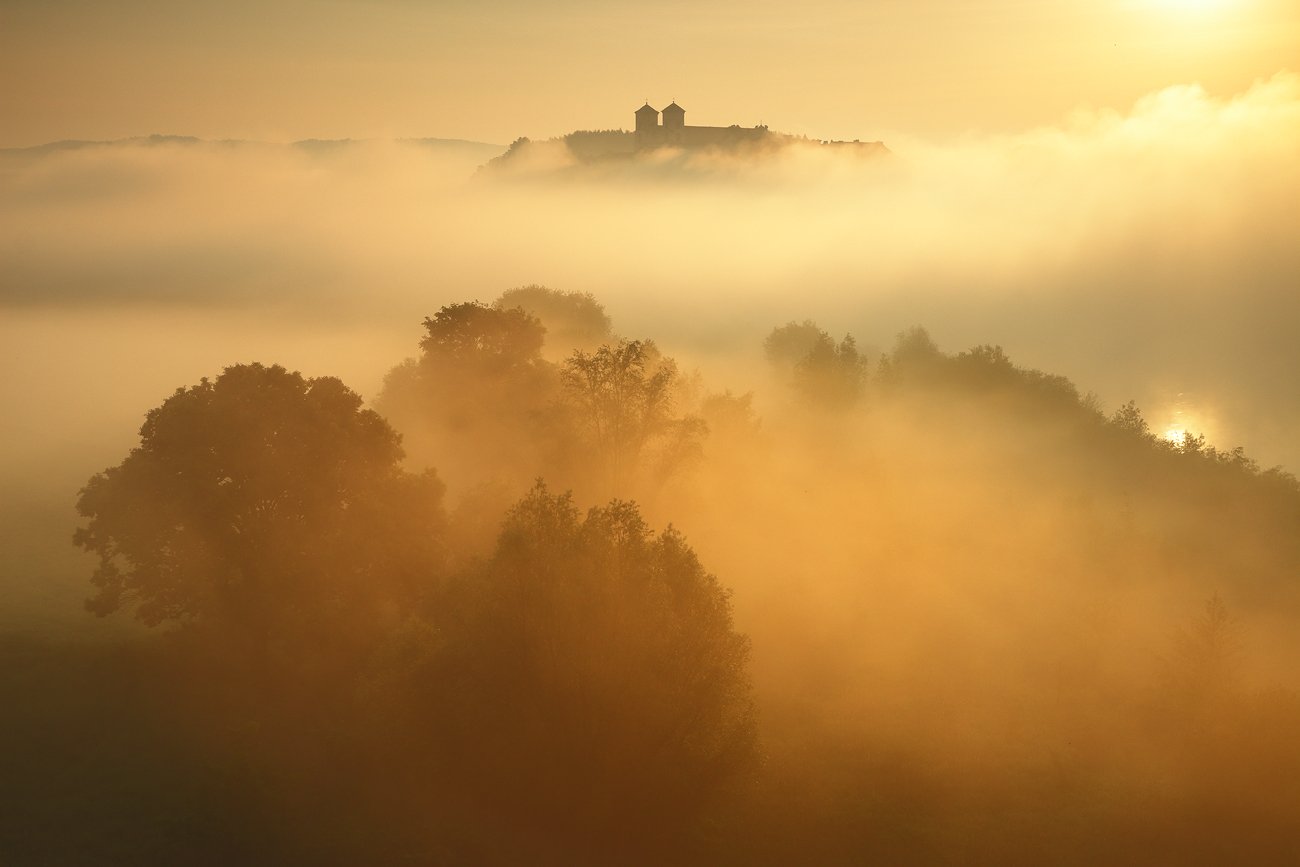 mist, gold, morning, air, sunrise, monastery, river, sun,, Jacek Lisiewicz