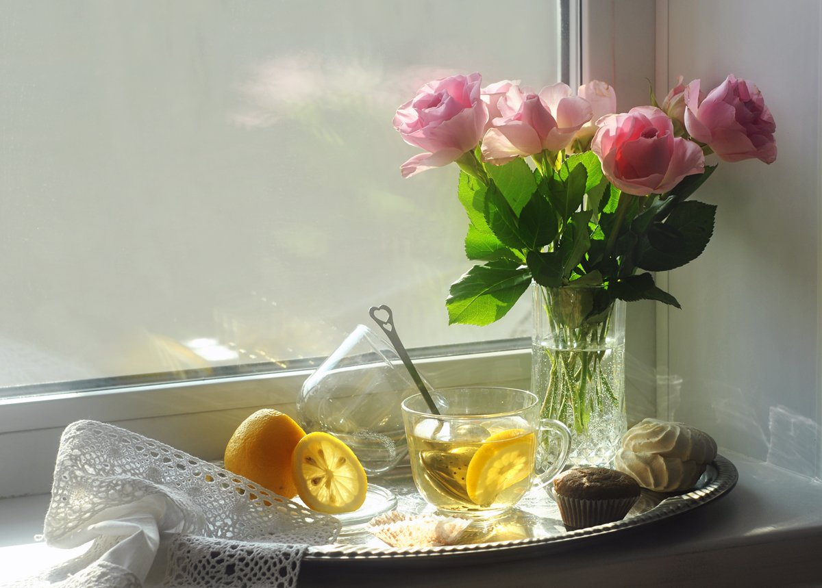 утро, розы, окно, солнечно, чай, лимон, натюрморт, Elena Pankova