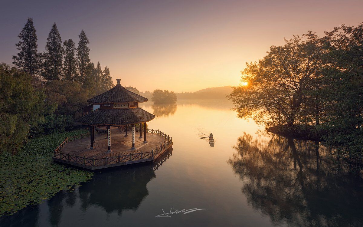 landscapes,sunrise,light,lake,china,, wenmin zhang