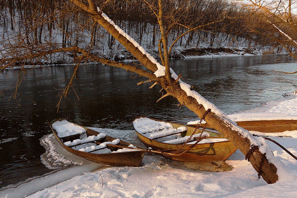 река, снег, весна, зима, лодки, Владимир Костылев
