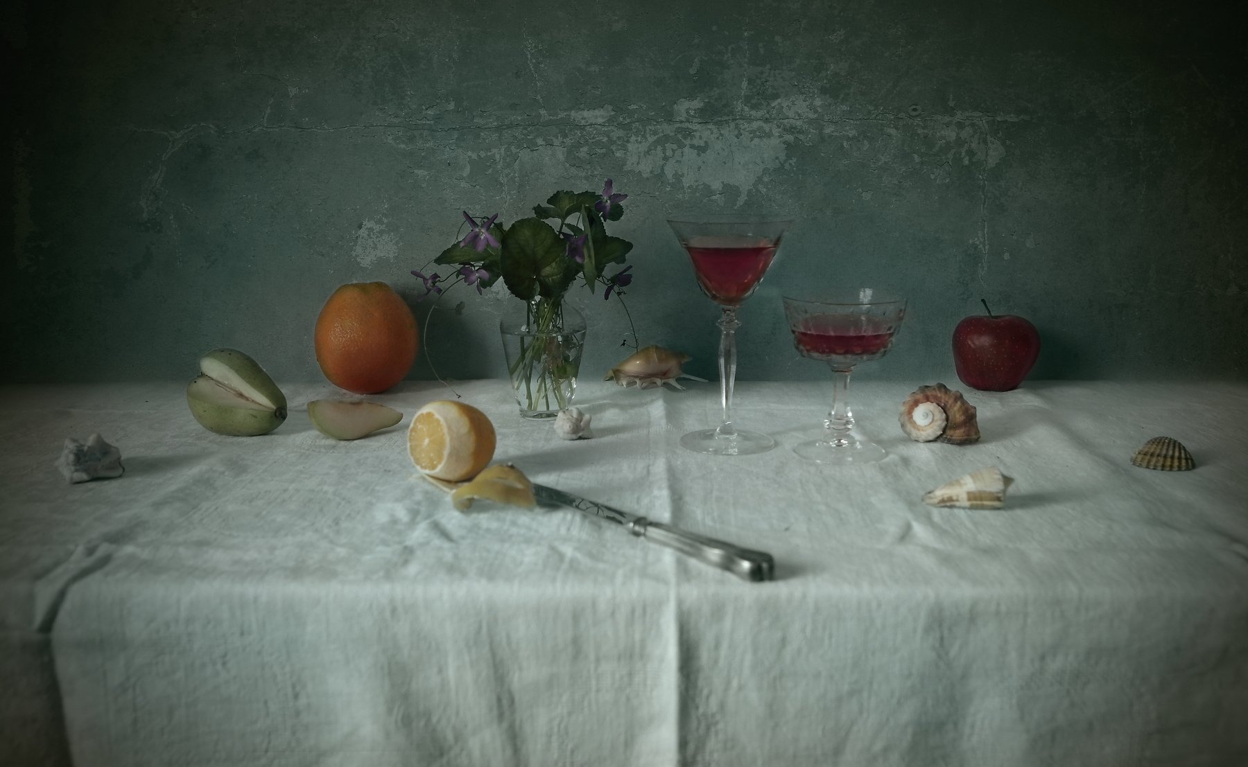 wine, fruits, shells, lemon, orange, apple, glass, texture, Andrei Blank