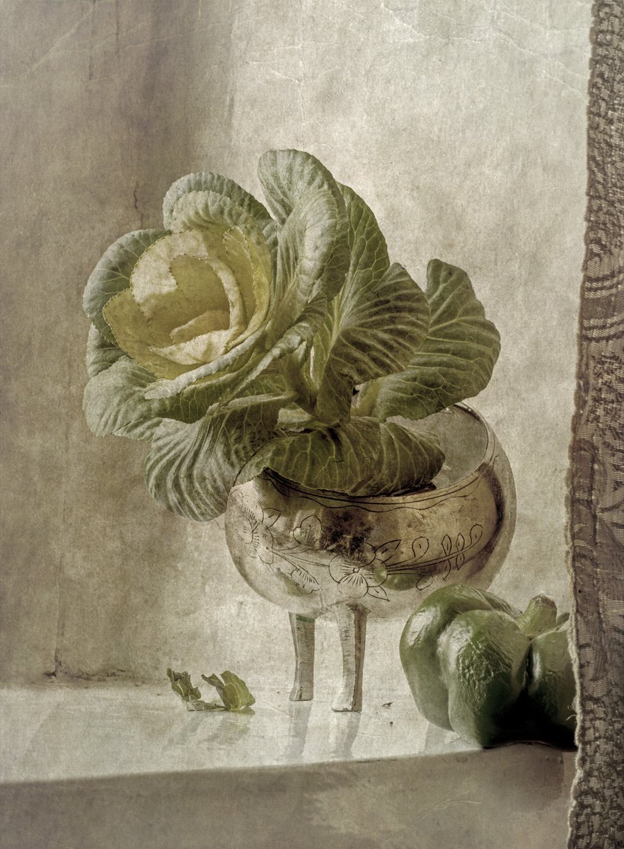 капуста, ваза, перец, подоконник, штора, листья, зелень, Игорь Токарев