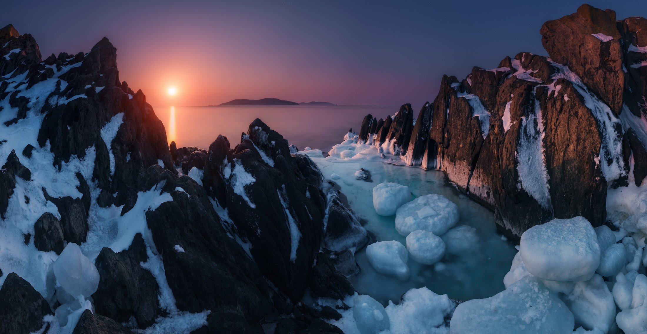 панорама, утро, море, скалы, лёд, весна, Андрей Кровлин