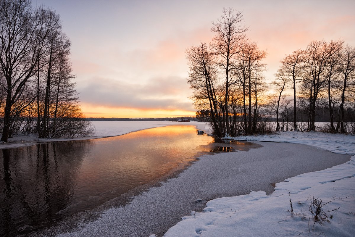 зима,река,озеро,вечер,свет,берега,лед,снег,пейзаж, Евгений Плетнев