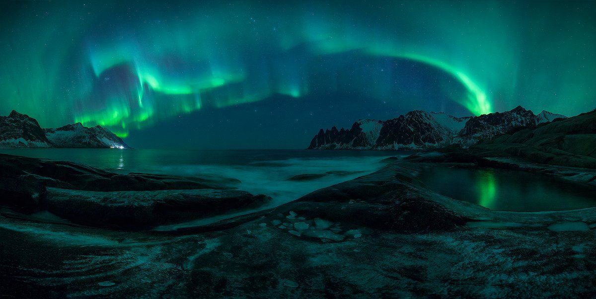 norway aurora borealis night green landscape seascape , Roberto Pavic