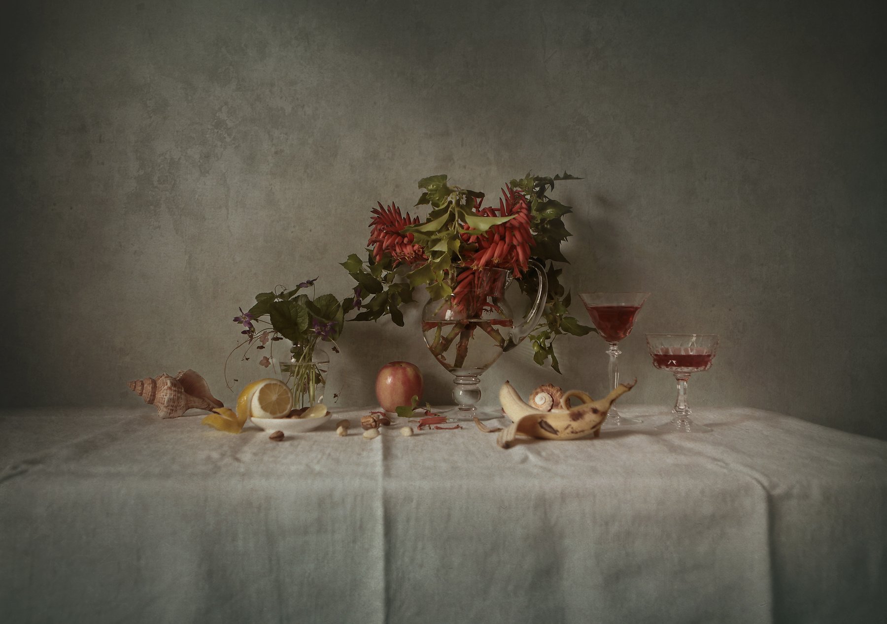 wine, flowers, lemon, glass, shells, Andrei Blank
