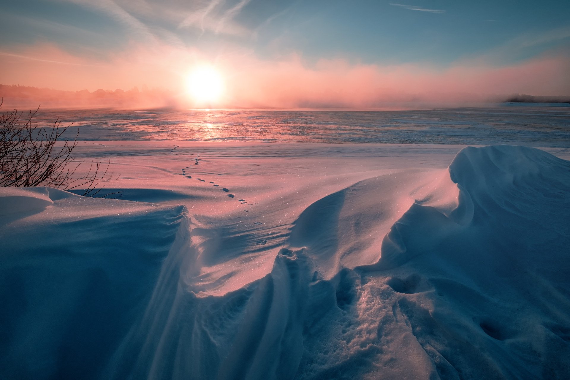 пейзаж, зима, снег, солнце, свет, волга, утро, холод, мороз, март, туман, Андрей Чиж