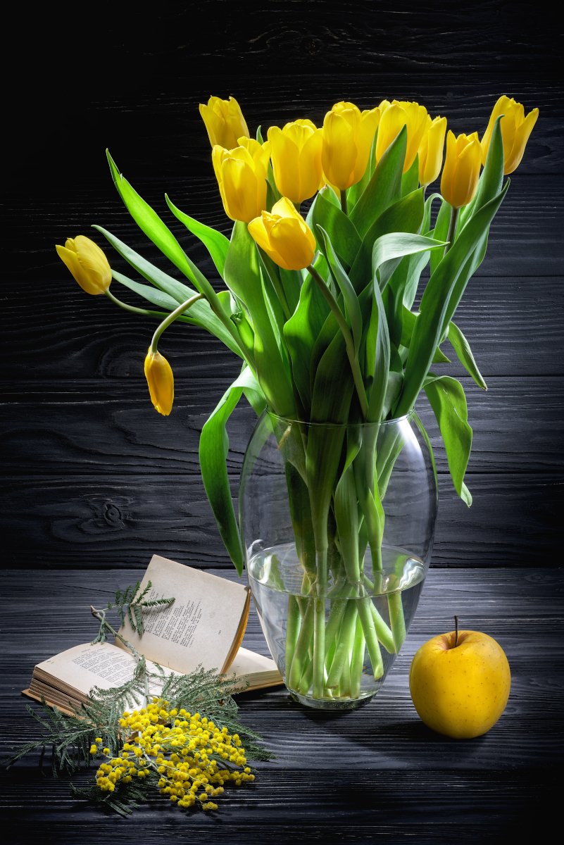 цветы, тюльпаны, томик, 8 марта, мимоза, яблоко, черное, желтое, Tom Fincher