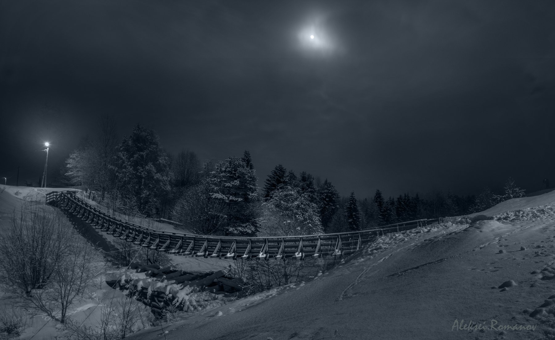 природа, север, ночь, луна, мост, Алексей Романов