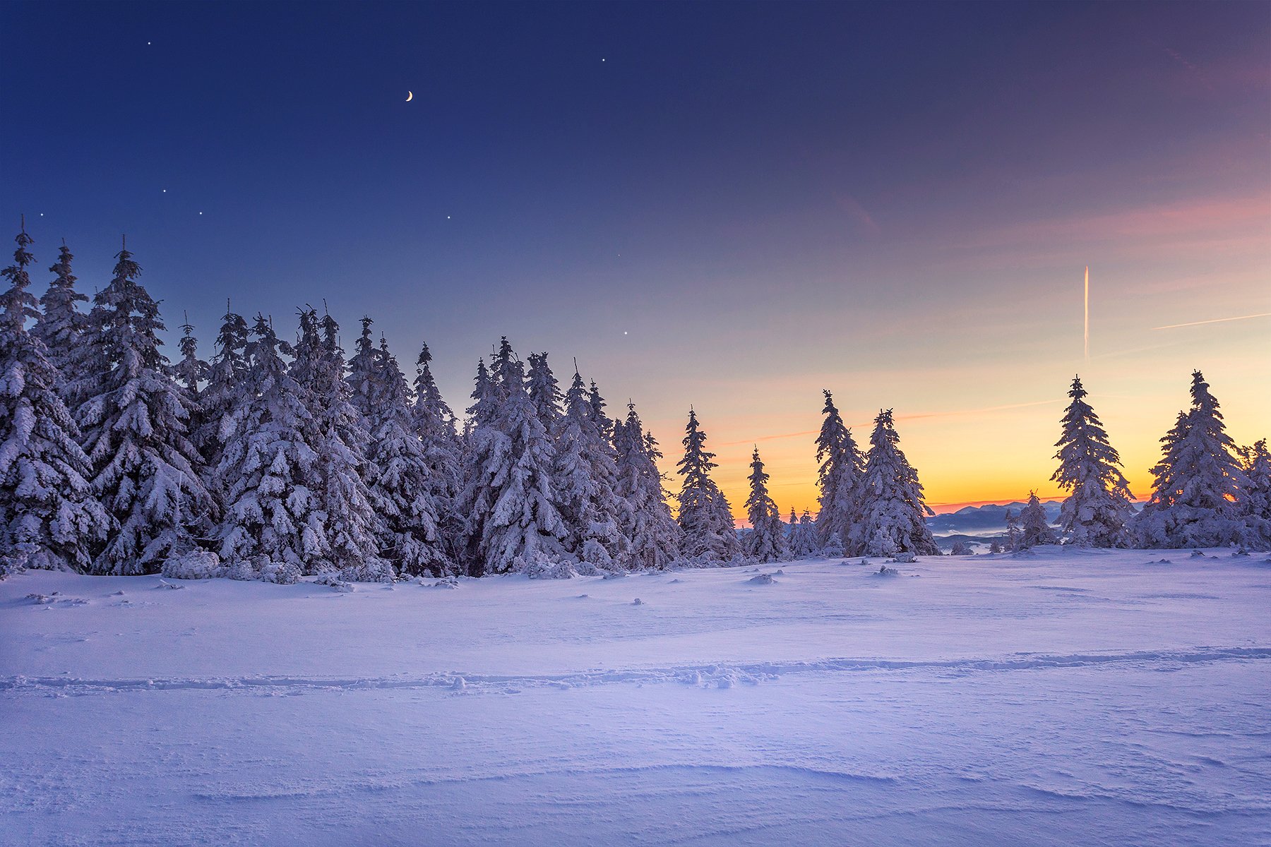 winter, night, sunset, stars, trees, Beskids, Poland, snow, Patrycja Towarek