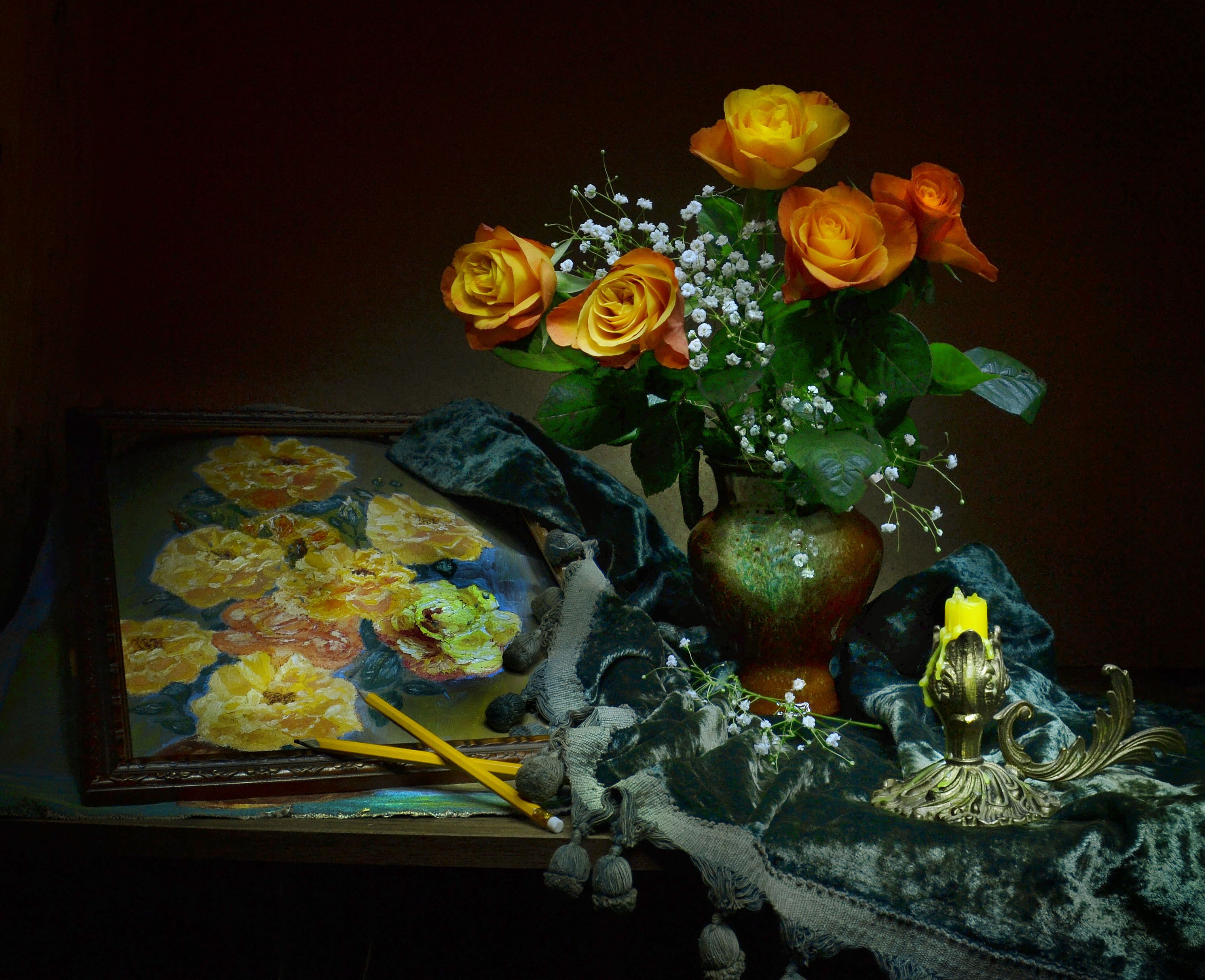 бронза,still life, натюрморт , ваза, драпировка, живопись, зима, керамика, масло, нарисую розы, подсвечник, розы,  фото натюрморт, холст, цветы, Колова Валентина