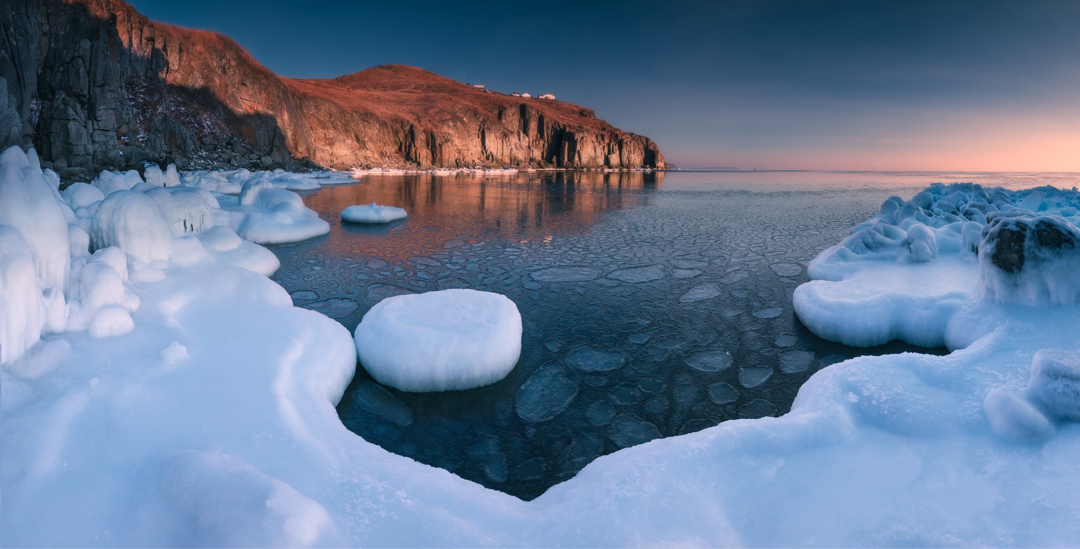 панорама, море, зима, скалы, утро, лёд, Андрей Кровлин