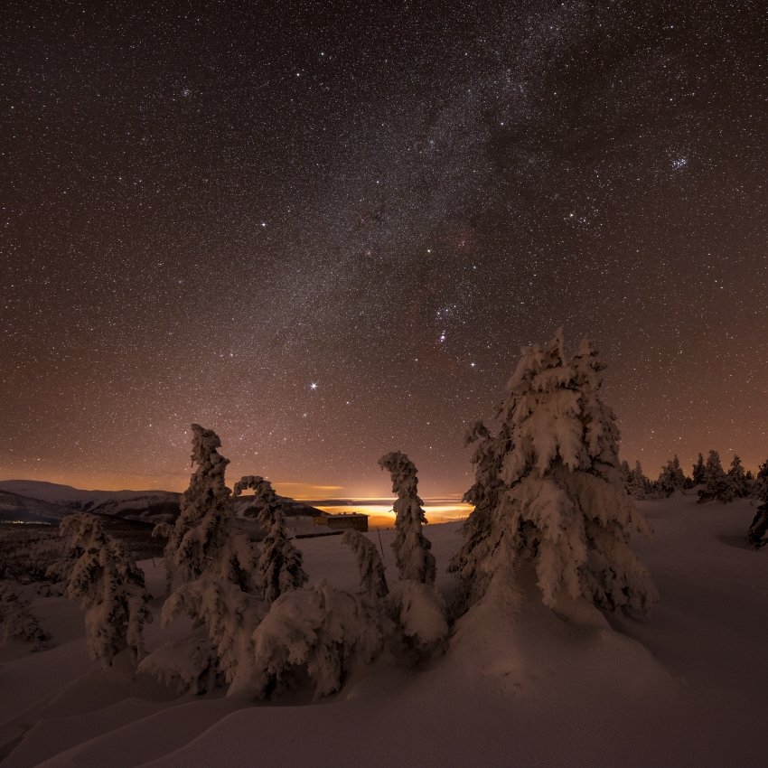 stars, snow, galaxy, milky way, czech, czech republic,mountains,orion, Jakub Müller