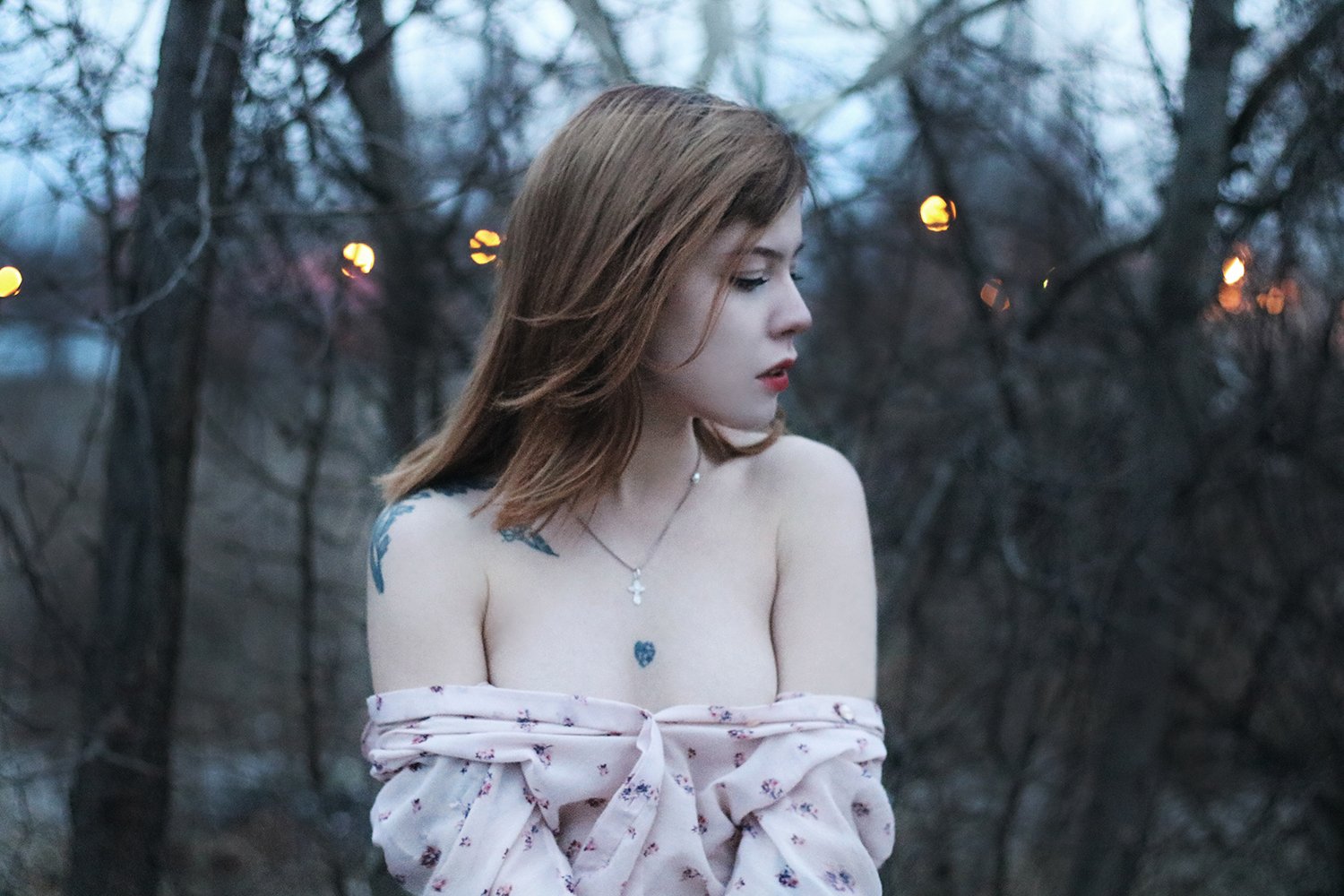 girl, young, evening, lights, forest, Лилия Беда