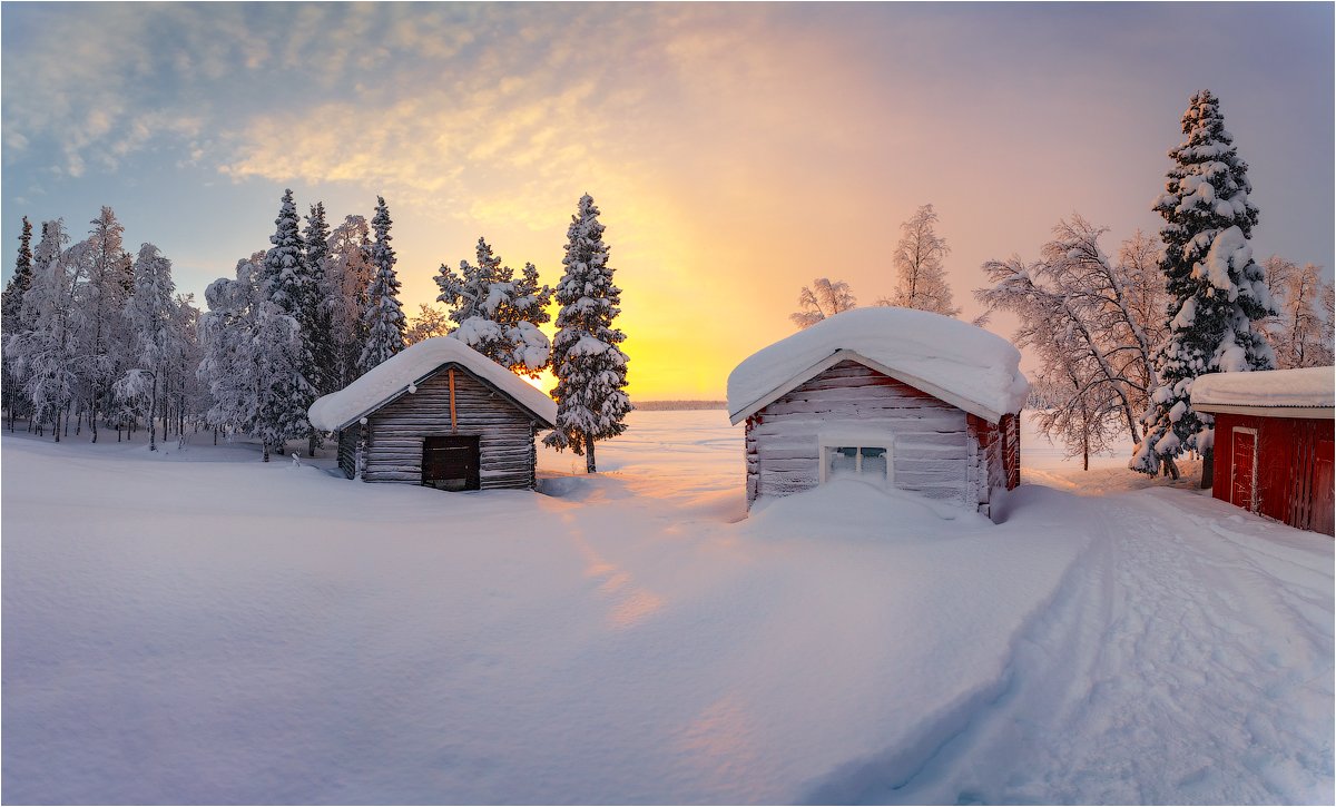 рассвет,утро,восход,домики,швеция,мороз,снег,краски,озеро,лёд, Николай Бузмаков