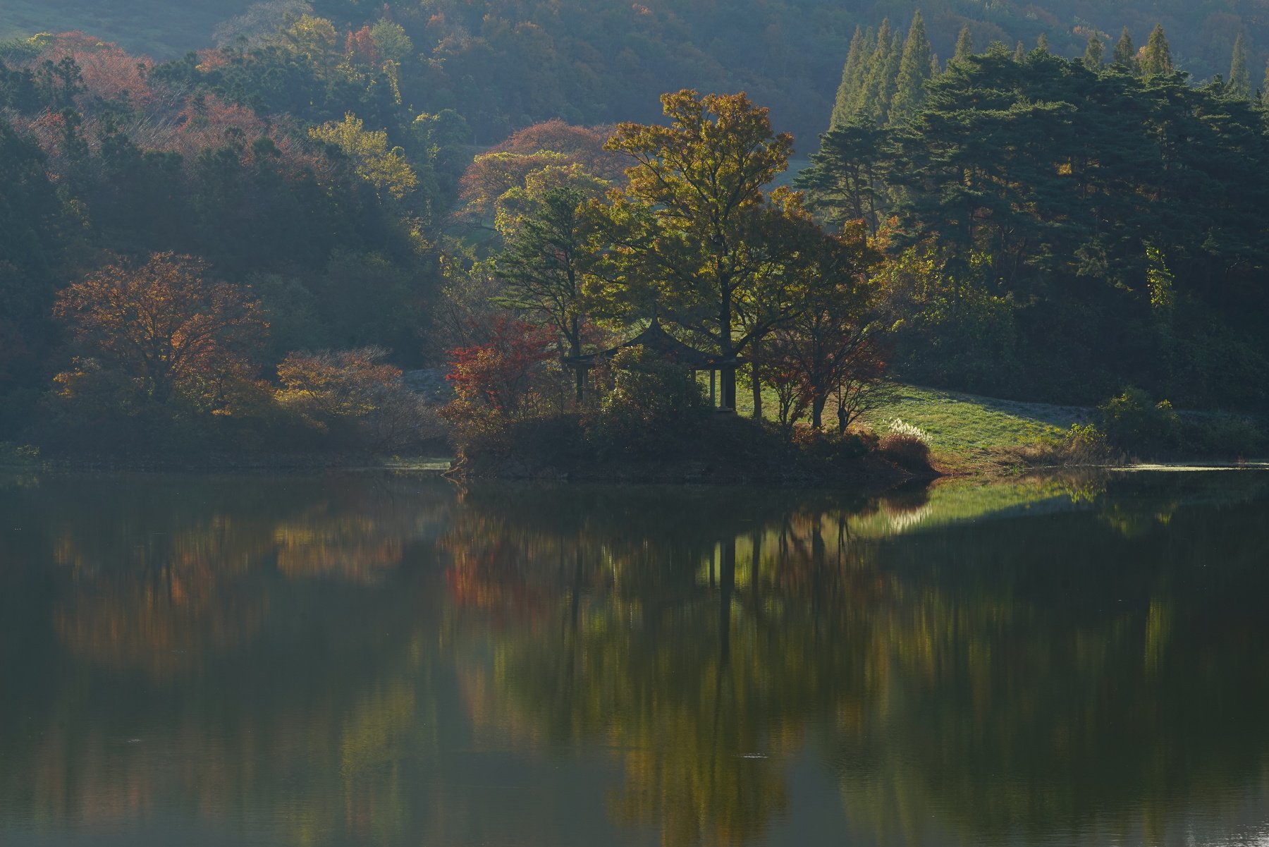 korea,chuncheongnamdo,autumn,morning,reservoir,mountain,backlight,reflection,house, Shin