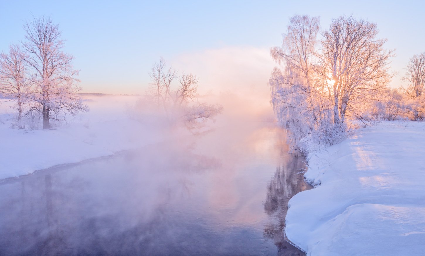 зима, утро, река, солнце, туман, Виктор Климкин