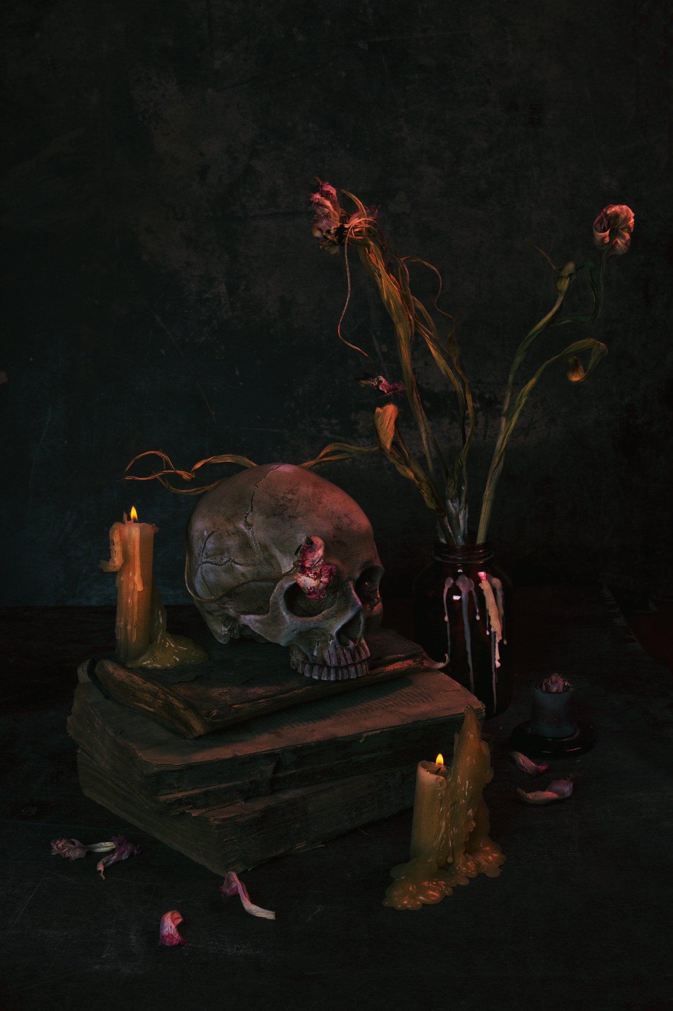 череп, цветы, тюльпаны, увядшие, натюрморт, жук, свеча, Наталья Голубева