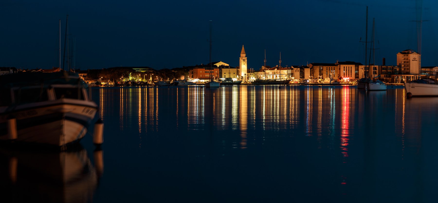 night,cityscape,city,town,umag,europe,old,tower,sea,harbor,bay,ship,boat,light,gold,yellow,blue, Алексей Гусев