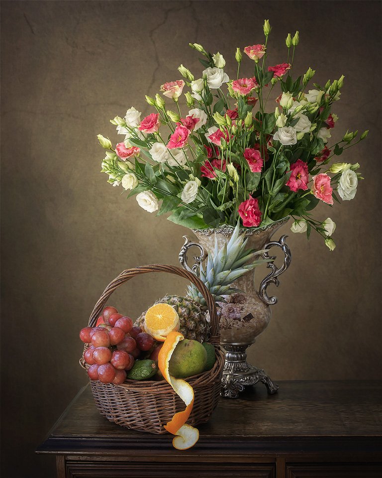 натюрморт, цветы, фрукты, корзина, букет, ваза, винтаж, Ирина Приходько