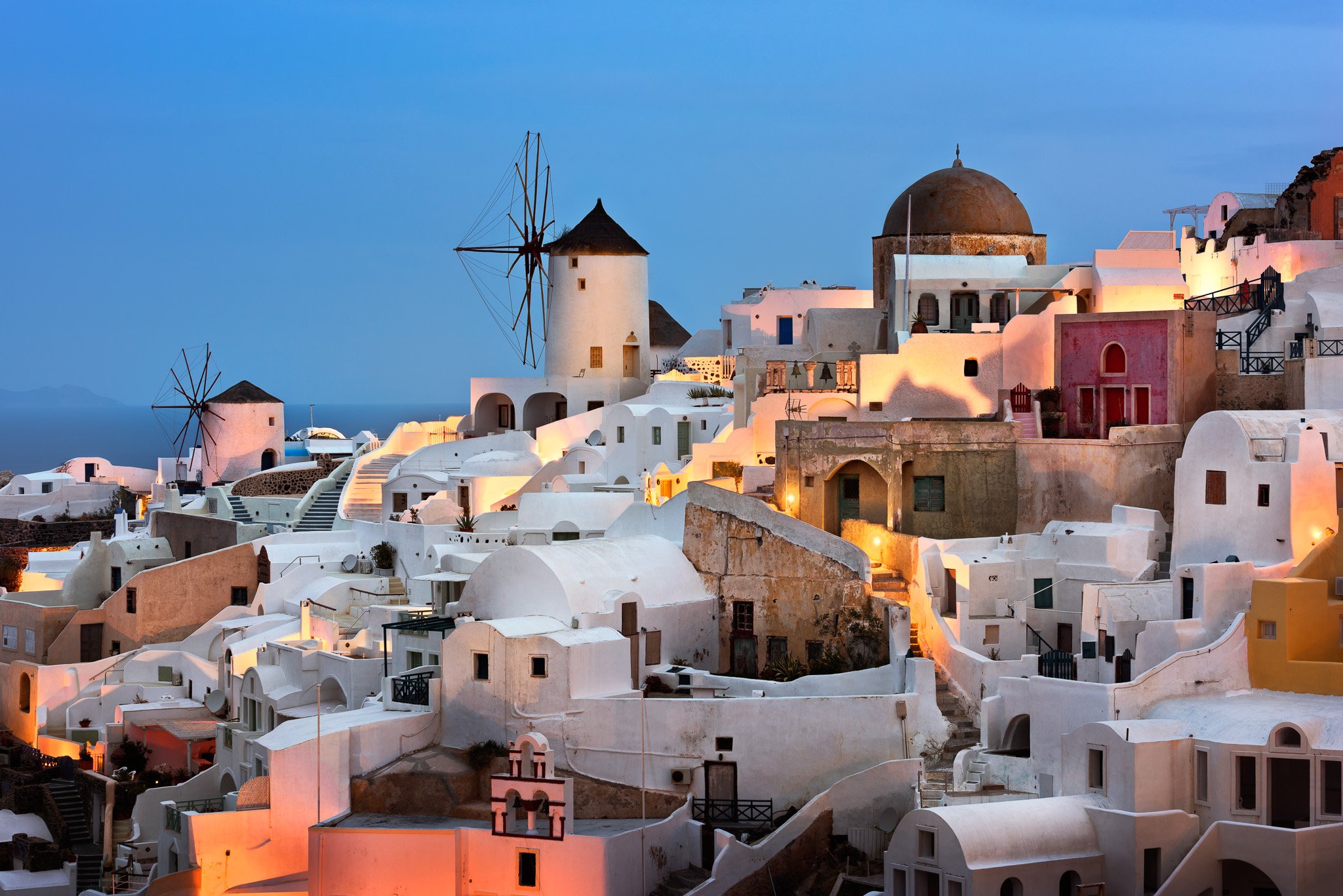 aegean, architecture, beautiful, blue, building, caldera, church, city, cityscape, cyclades, dawn, dome, europe, famous, greece, greek, hellas, holiday, hotel, house, iconic, illuminated, island, landmark, landscape, lights, mediterranean, mill, morning, , Andrey Omelyanchuk