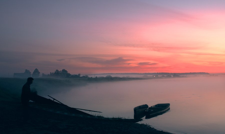лодки, утро, туман, река, Николай Морский